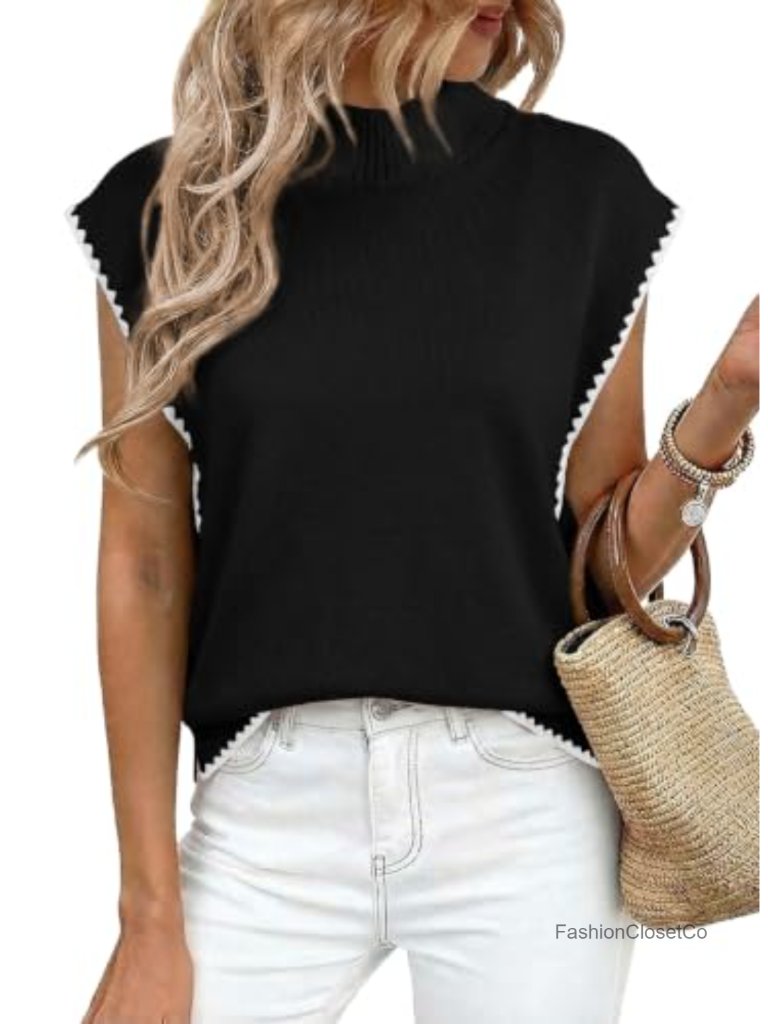 Sleeveless Turtleneck Sweater Vest Mock Neck Cap Sleeve Knit Pullover With Side